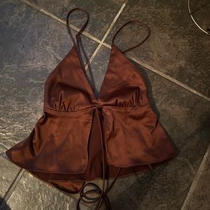 brown satin top - open midriff, criss-cross back